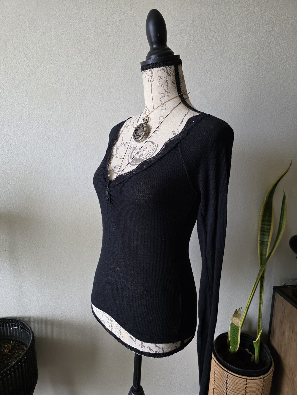 Out From Under Black Lace Trim Ribbed Long Sleeve Top - Picture 3 of 5